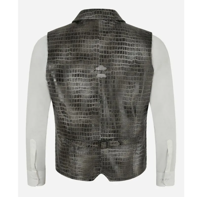 ANDY Leather WAISTCOAT MEN'S Croc Exotic Print Notch Collar Vest