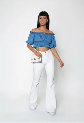 Blusa de hombro con detalle zurcido