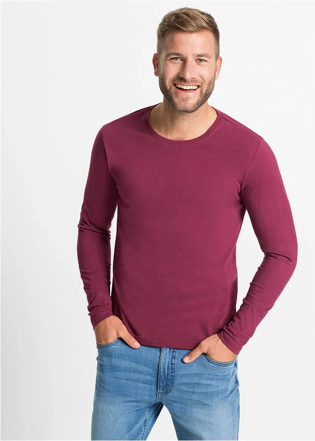 Camiseta de manga larga (3 unidades) Gris claro jaspeado + azul oscuro + rojo rododendro