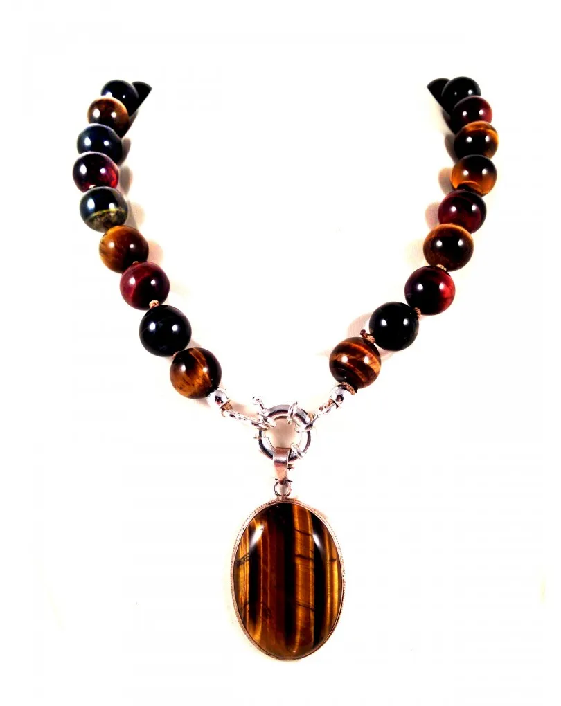COLLAR DE PIEDRA NATURAL OJO DE TIGRE CON COLGANTE DE PLATA, MEDIDAS: LARGO COLLAR 50CM, COLGANTE 4*CM