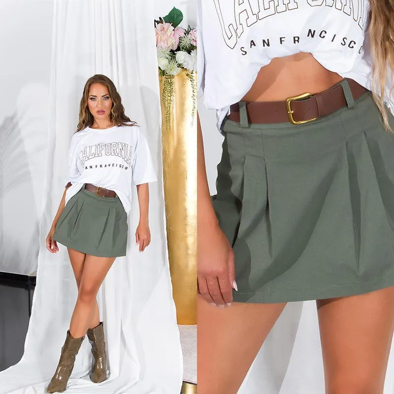 Falda short cintura alta Khaki y pliegue
